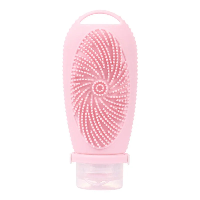Silicone bath brush storage bottle in various colours including pink, orange and sea blue