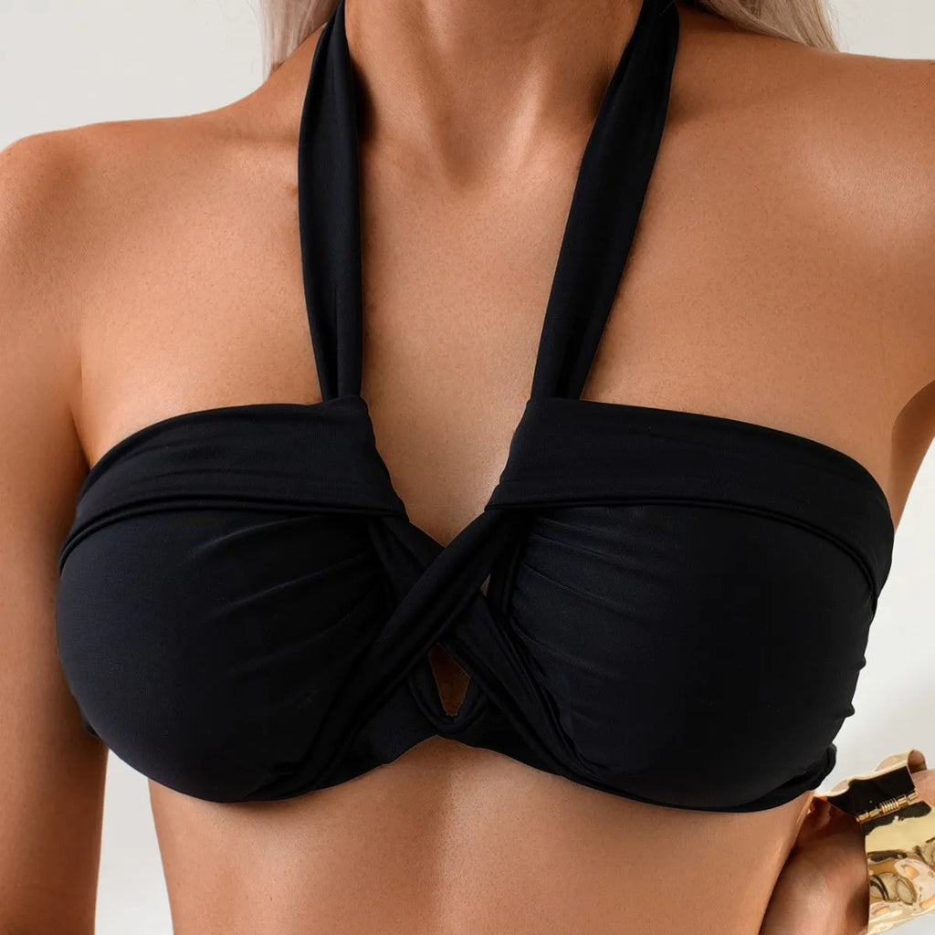Black high-grade backless swimming suit with briefs style, available in S, M, L sizes