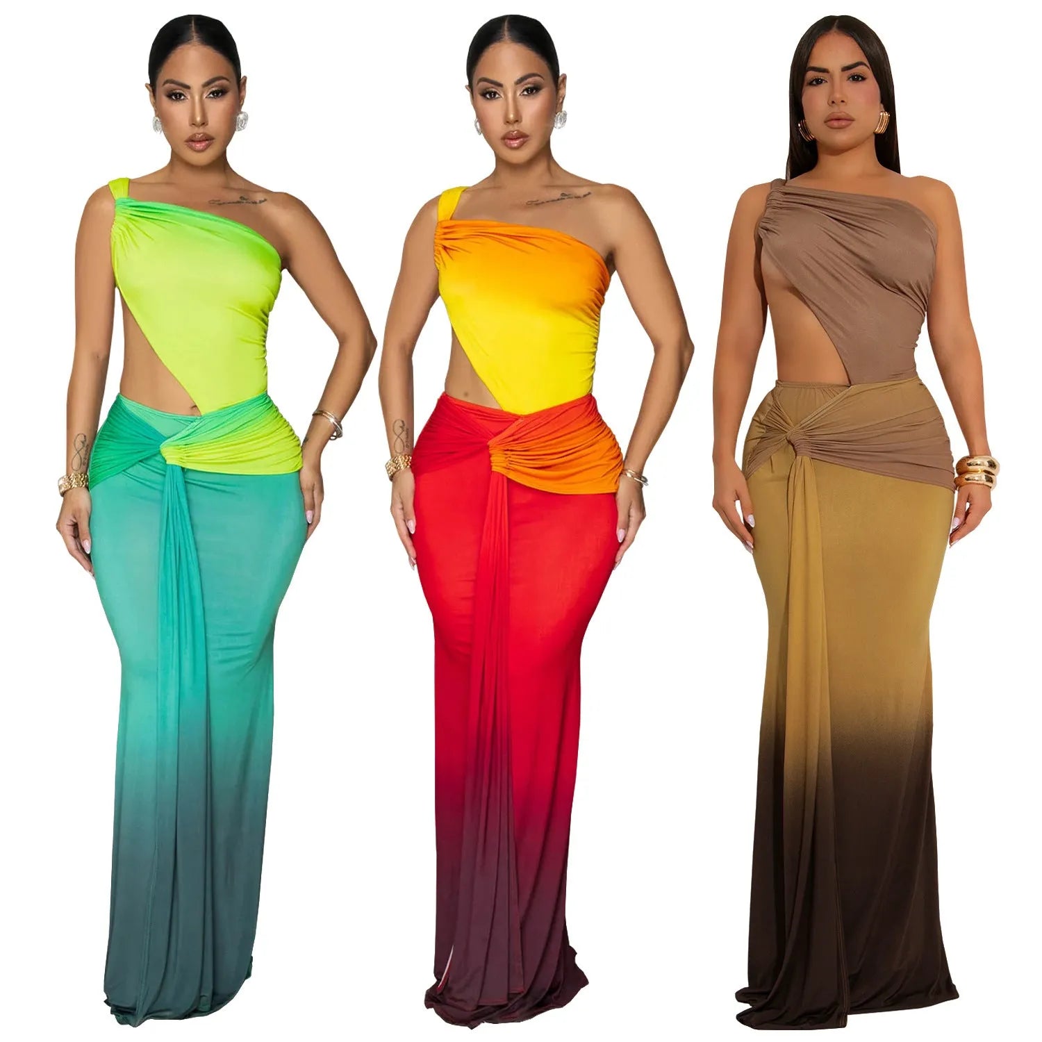Women's gradient colour cross-shoulder sleeveless dress with a high-waisted long skirt.