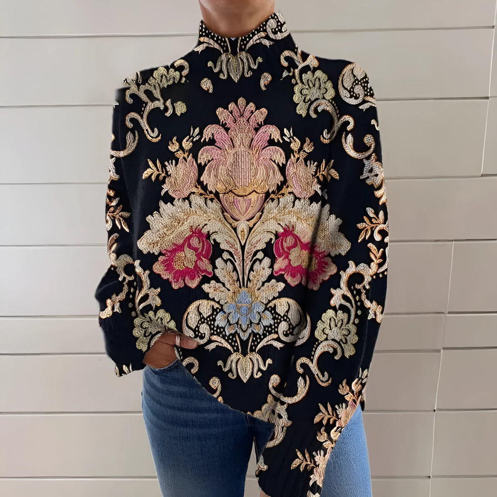Black long sleeve turtleneck sweater with a 3D printed pattern, shown in a loose fit.