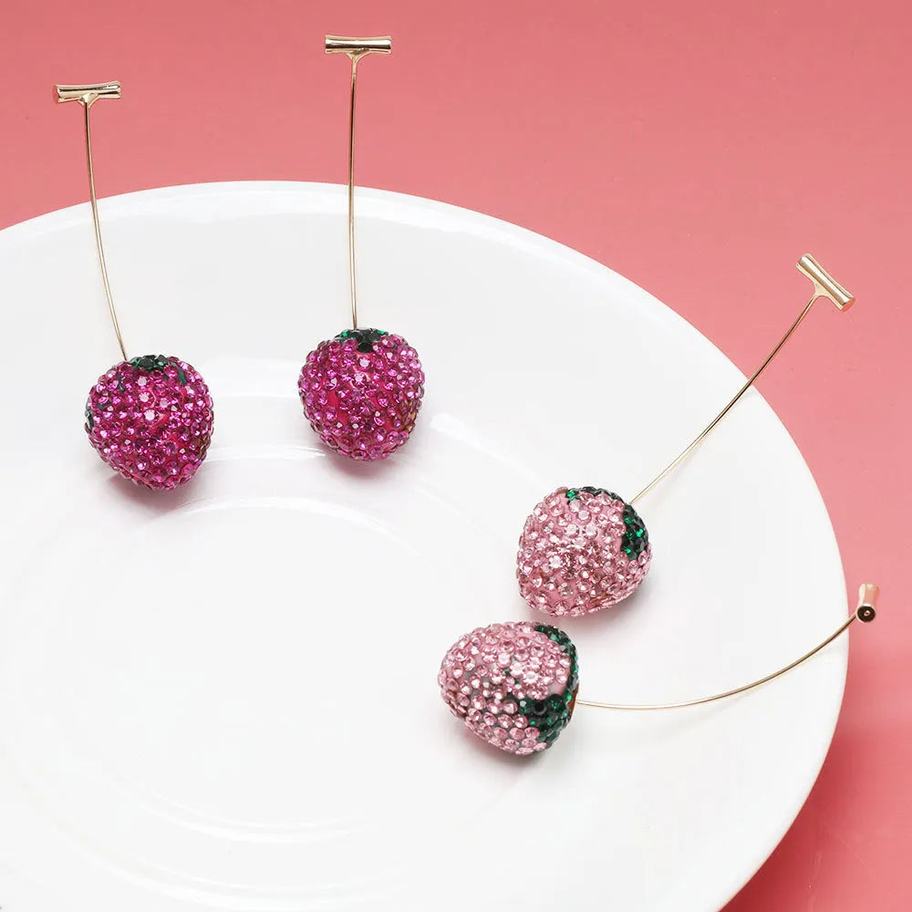 Geometric spot drill strawberry stud earrings for women in red, pink, purple, champagne, pink white or white powder.