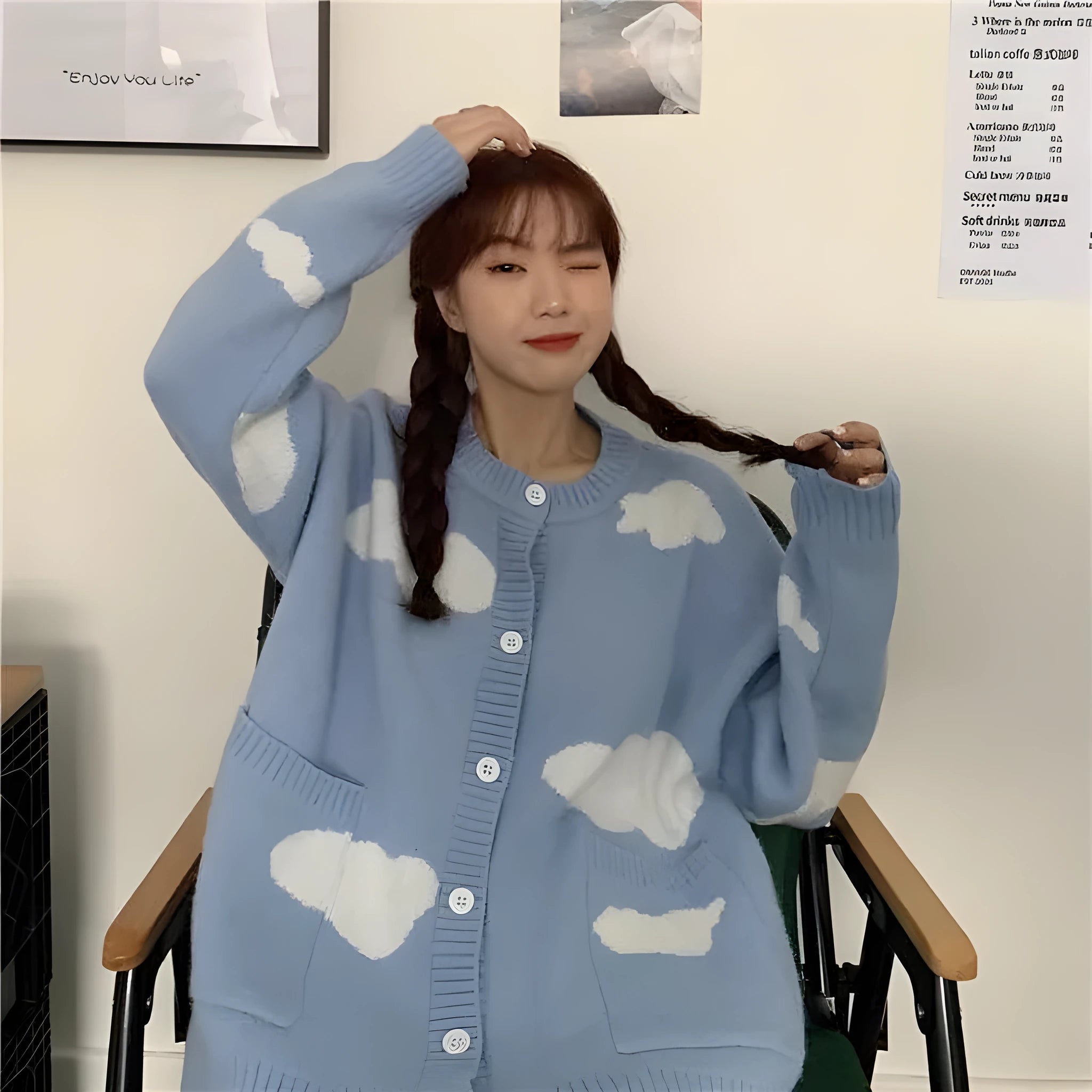 Women's loose fit blue spandex cardigan with cloud pattern and long sleeves