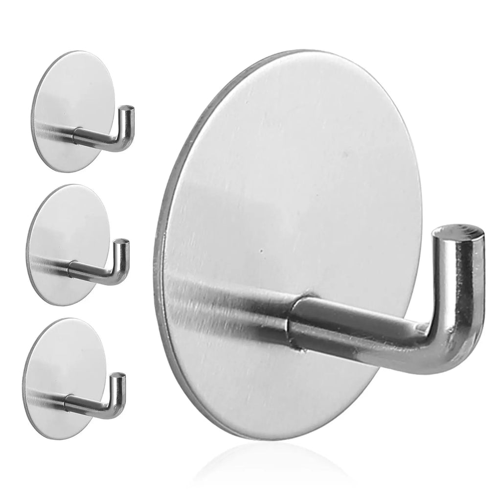 Round stainless steel self-adhesive wall hook in black and polished finish for bathroom and kitchen storage