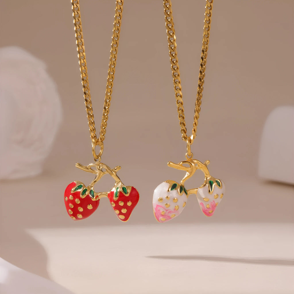 Red strawberry fruit pendant necklace on adjustable stainless steel chain