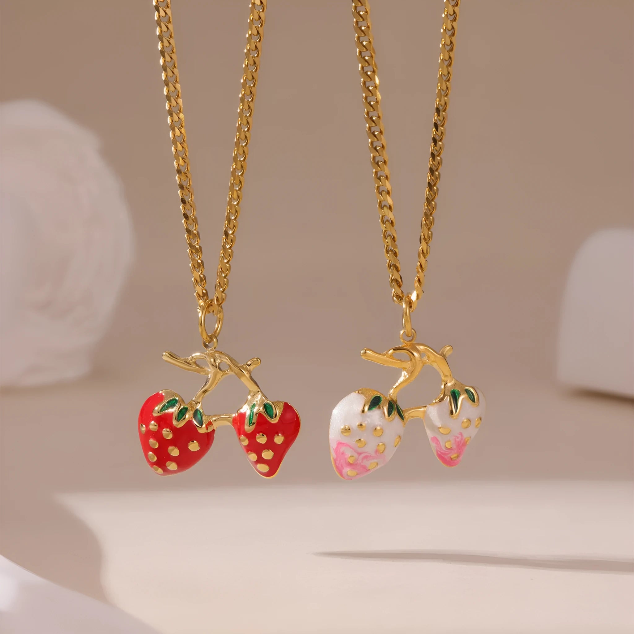 Red strawberry fruit pendant necklace on adjustable stainless steel chain