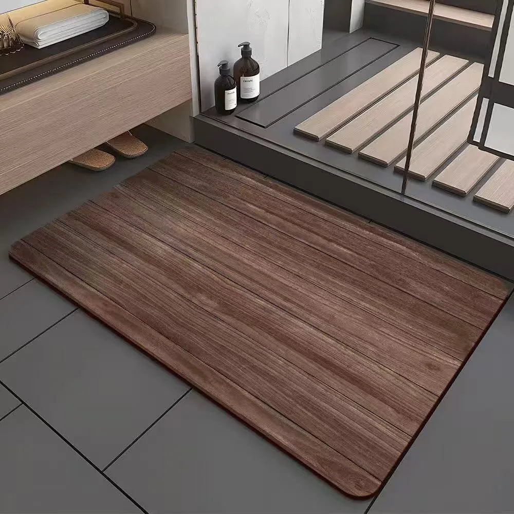 American style square diatom ooze floor mat with wood grain geometric pattern, shown in a bathroom setting.