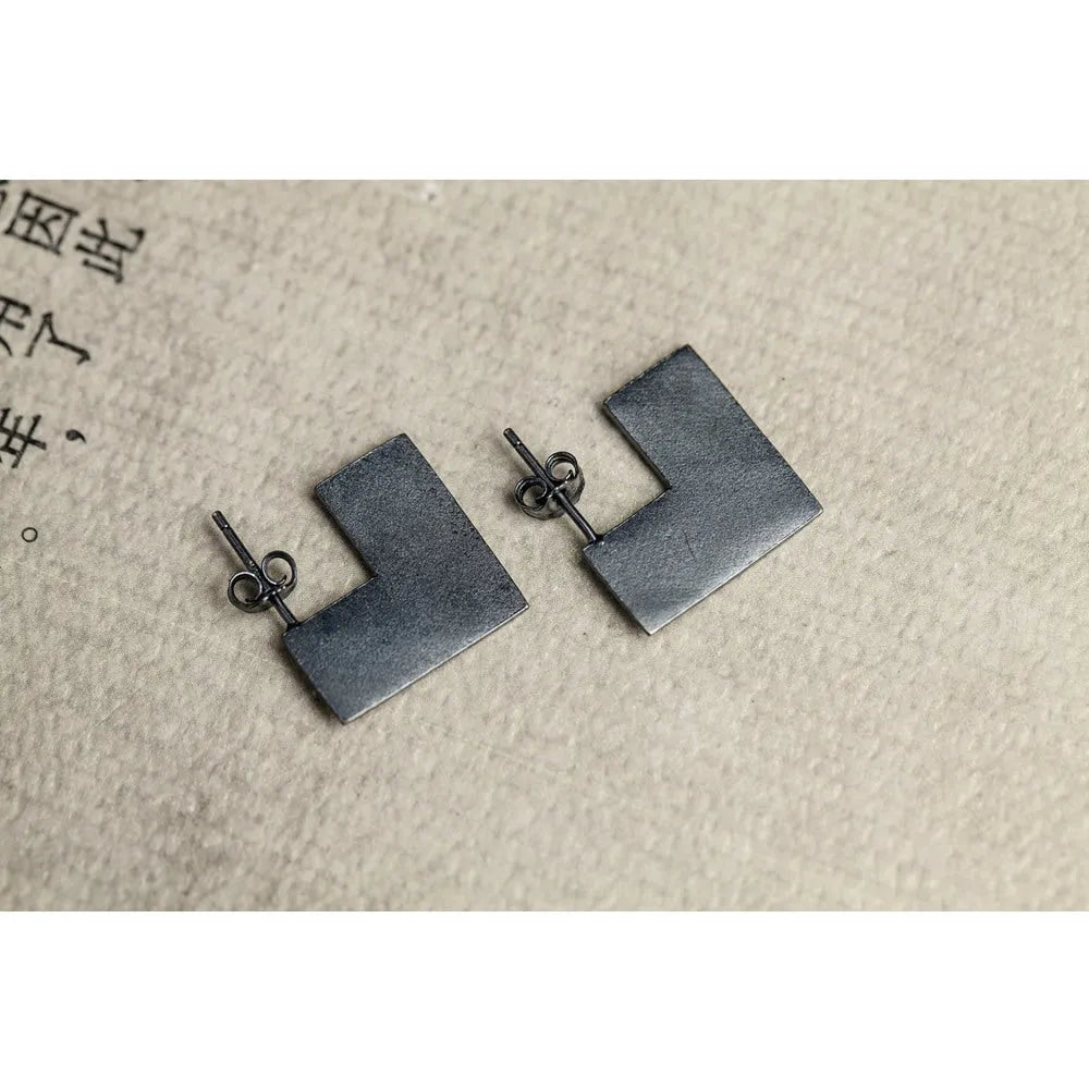 Oxidised black geometric square ring sterling silver earrings on a 16mm hoop.
