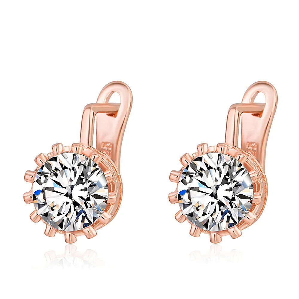 Korean retro style crown-shaped copper ear clips with studs, shown in rose gold and white gold colour options.