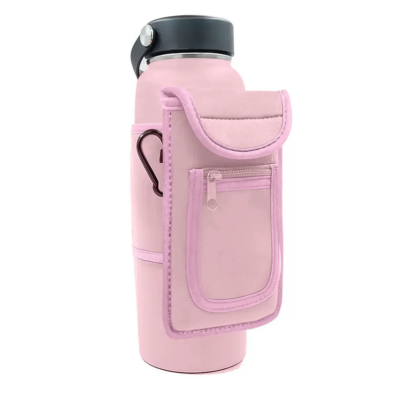 Cloth bottle sleeve with magnetic closure next to one with a carabiner clip, in various colours.