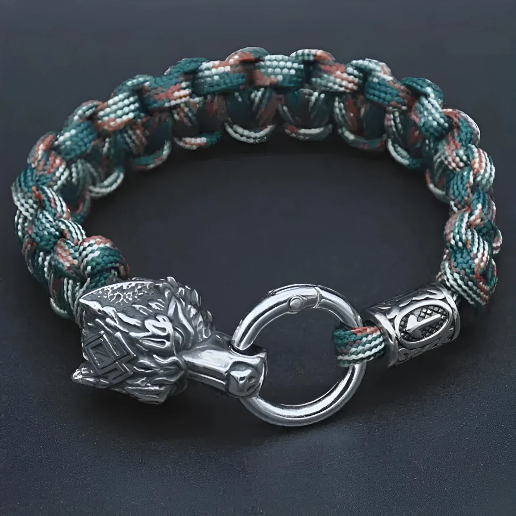 Handmade titanium steel wolf head bracelet with camouflage colour finish showing polished surface detail