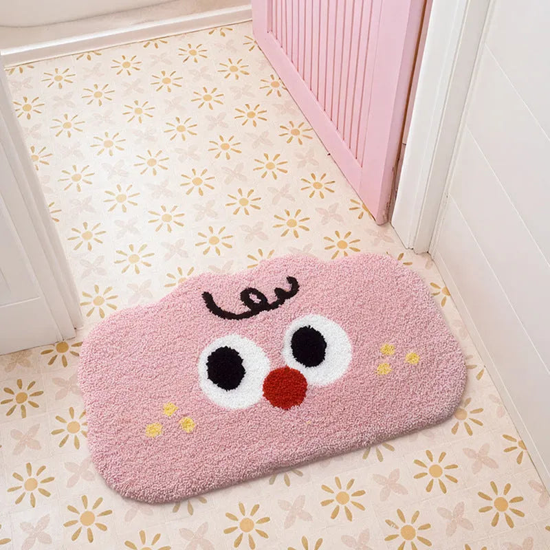 Cartoon big eye clouds patterned bathroom mat in imitation cashmere polyester, shown in bubur little green colour.