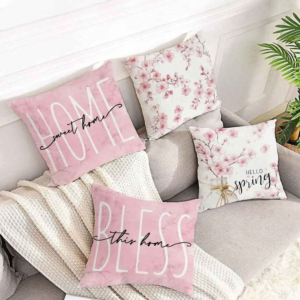Cherry blossom letter design on a 45cm square short velvet cushion cover