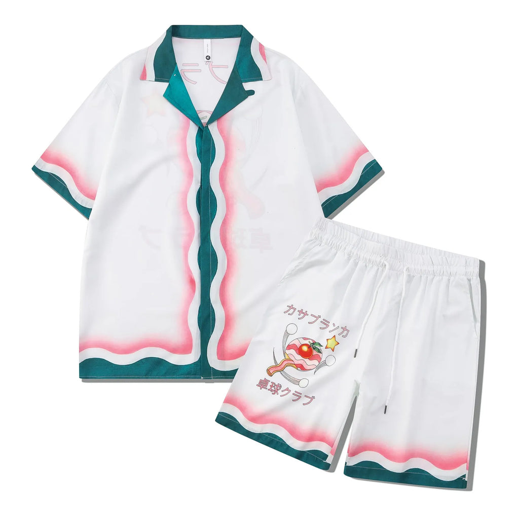 Men's plaid print beach outfit set with short sleeve shirt and pants on a hanger.