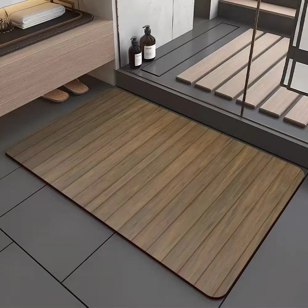 American style square diatom ooze floor mat with wood grain geometric pattern, shown in a bathroom setting.