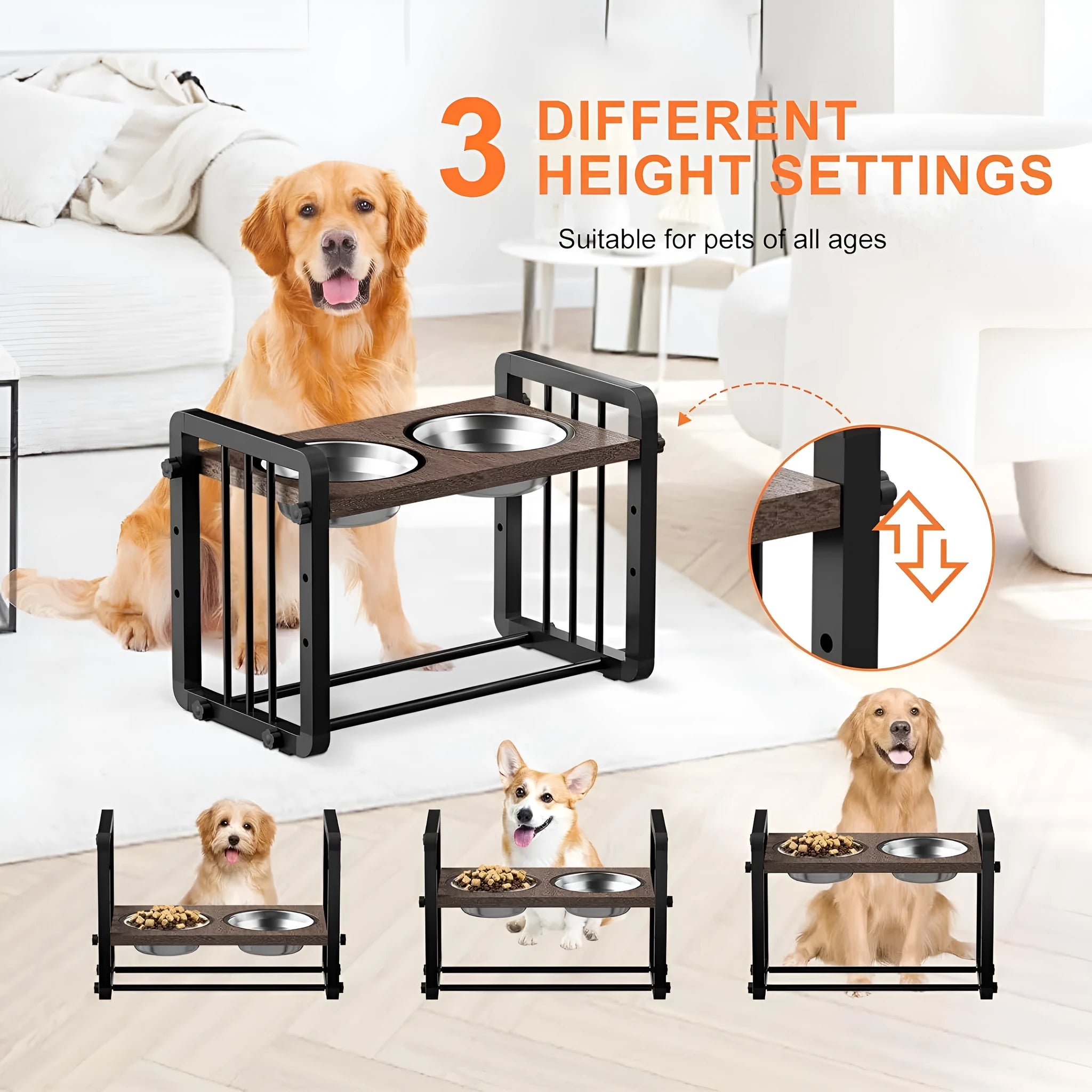 Black wooden dog bowl stand with non-slip base, holding a food and water bowl.