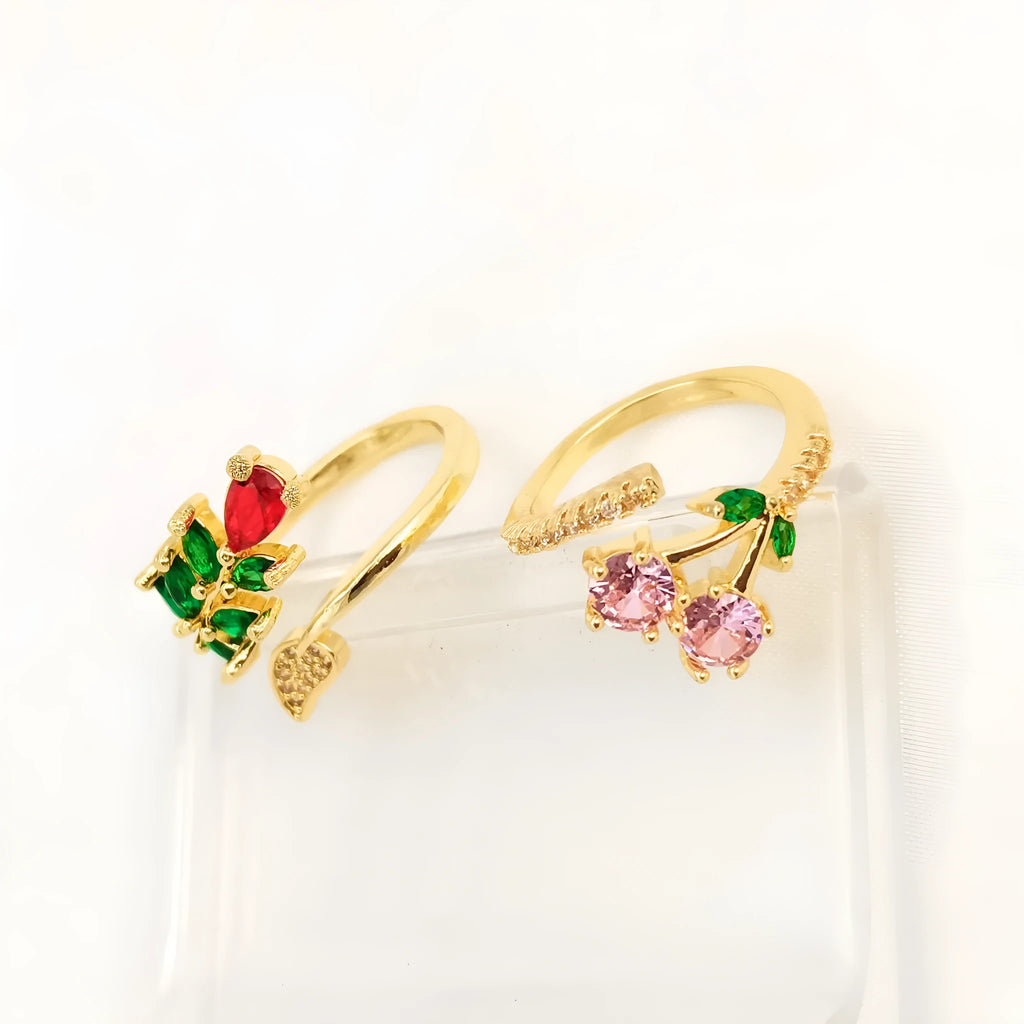 Copper geometric open ring with micro-inlaid zircon leaf pattern in national style design