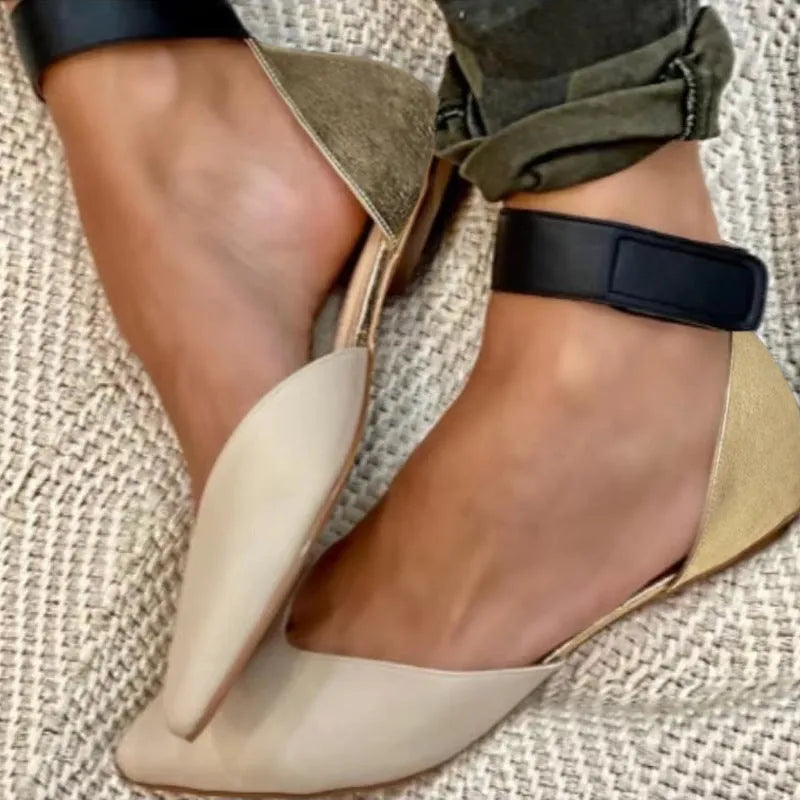 Women's flat velcro sandals with hollowed design in beige colour