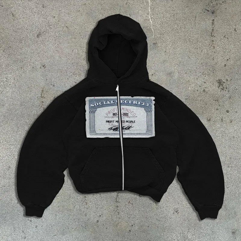 Black loose-fit hoodie zipper jacket with letter pattern and zipper pockets laid flat.
