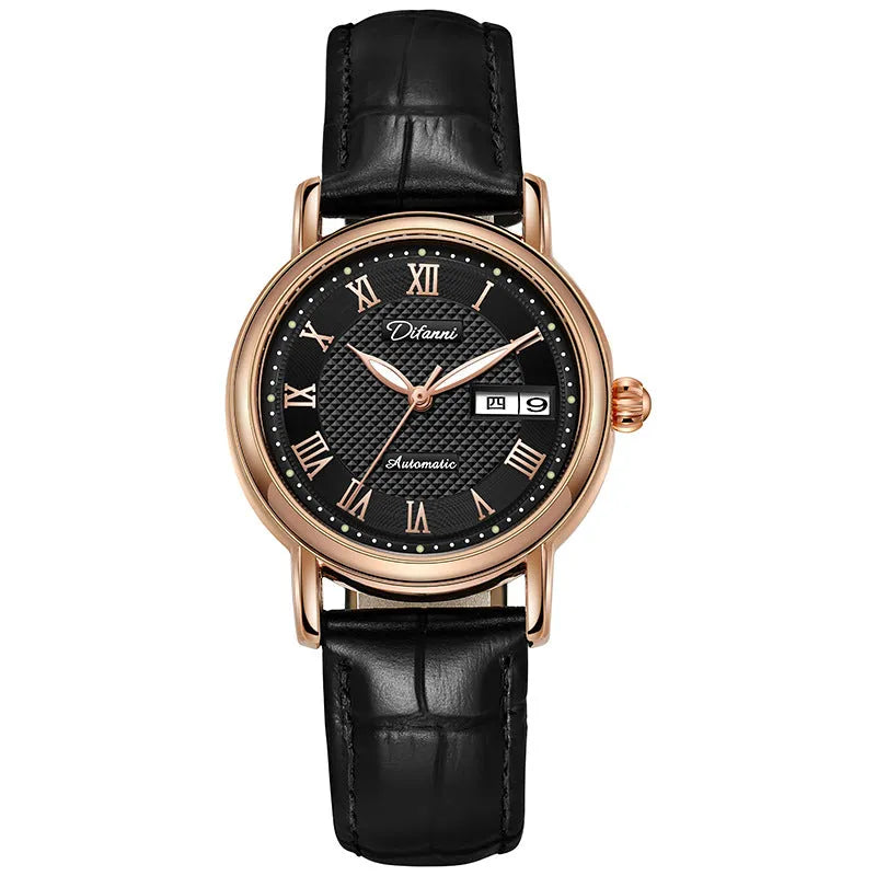 Women's automatic mechanical watch with steel bracelet or leather strap options in multiple colours