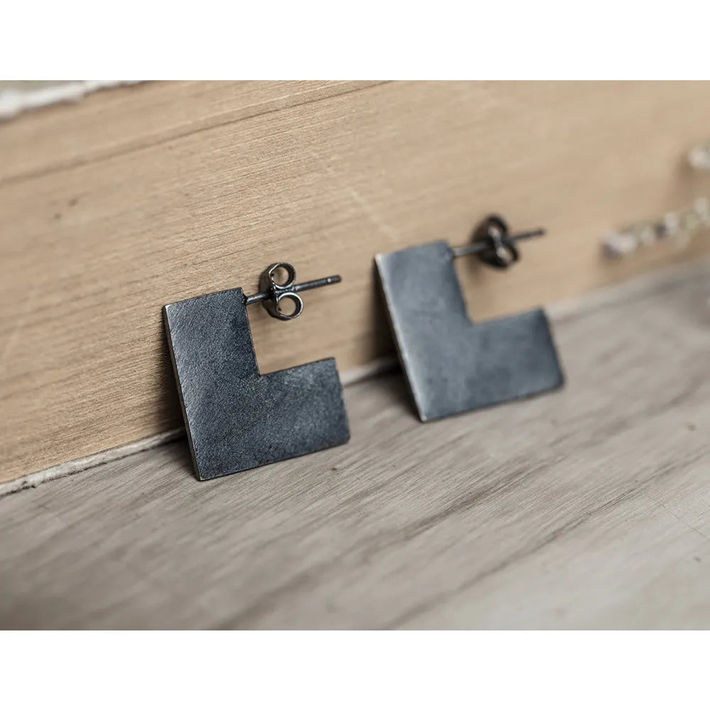 Oxidised black geometric square ring sterling silver earrings on a 16mm hoop.