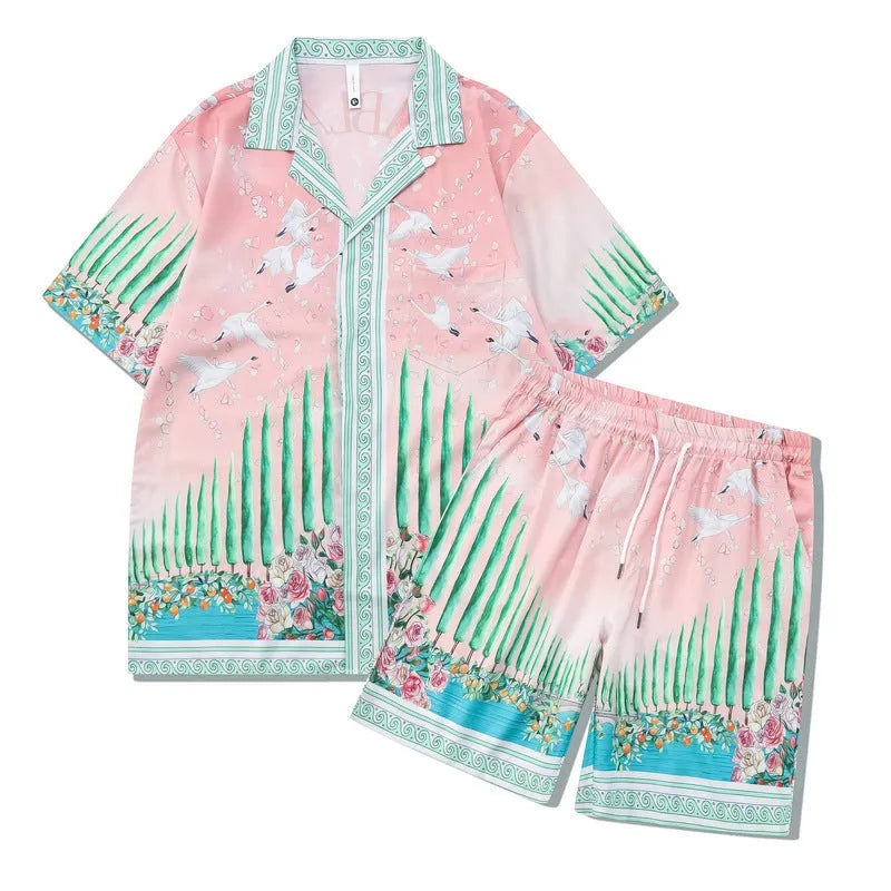 Men's plaid print beach outfit set with short sleeve shirt and pants on a hanger.