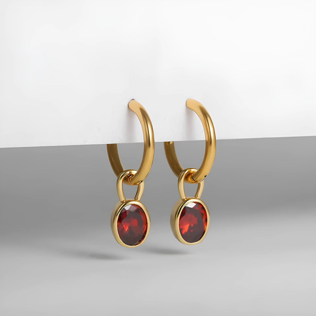 Women's retro-style oval zircon earrings in copper, shown in six colour options on a white background.