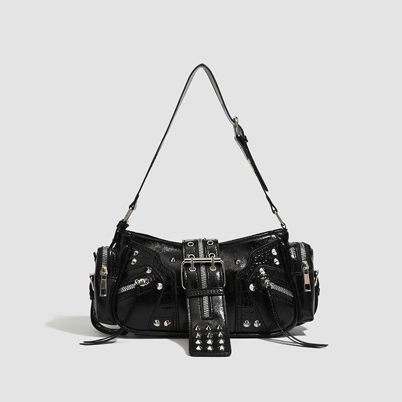 Black retro-style dumpling handbag with three-dimensional pockets and multiple interior organisers