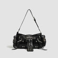Black retro-style dumpling handbag with three-dimensional pockets and multiple interior organisers