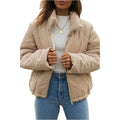 Apricot coloured women's corduroy jacket with stand collar, front zipper, and long sleeves.