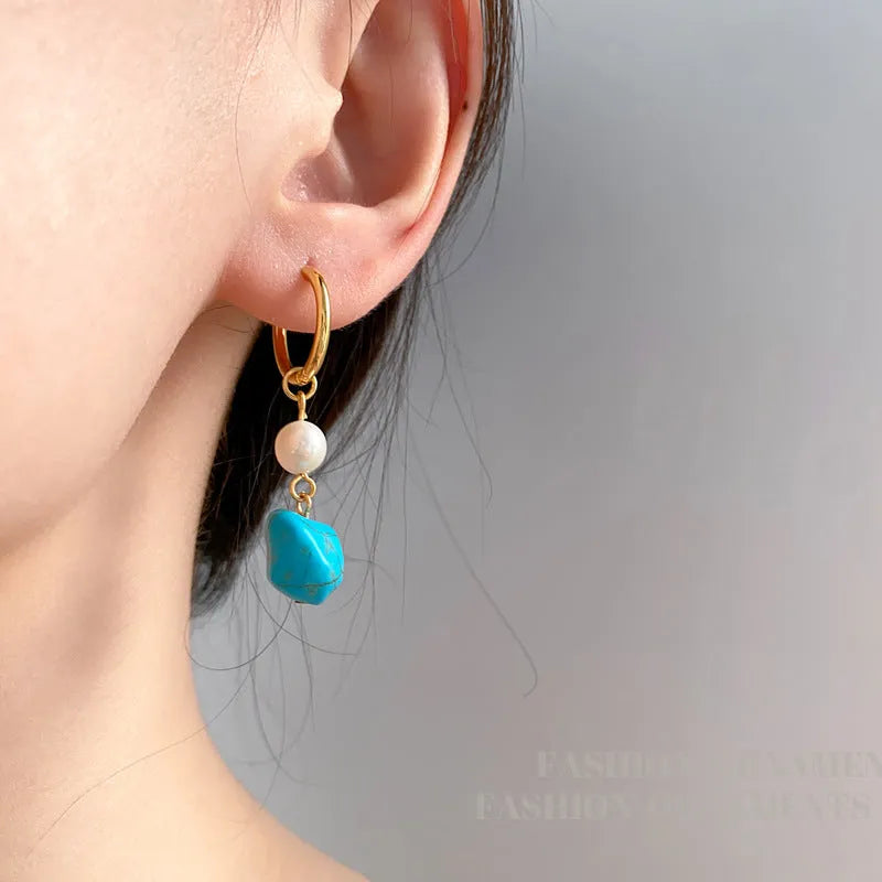 Geometric copper ear clip earrings with irregular turquoise stones and cultured pearls in long and short styles