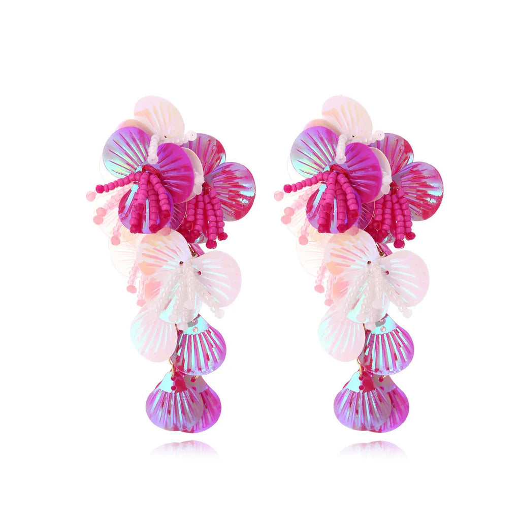 Handmade exaggerated dopamine style flower earrings with mixed material floral and leaf designs