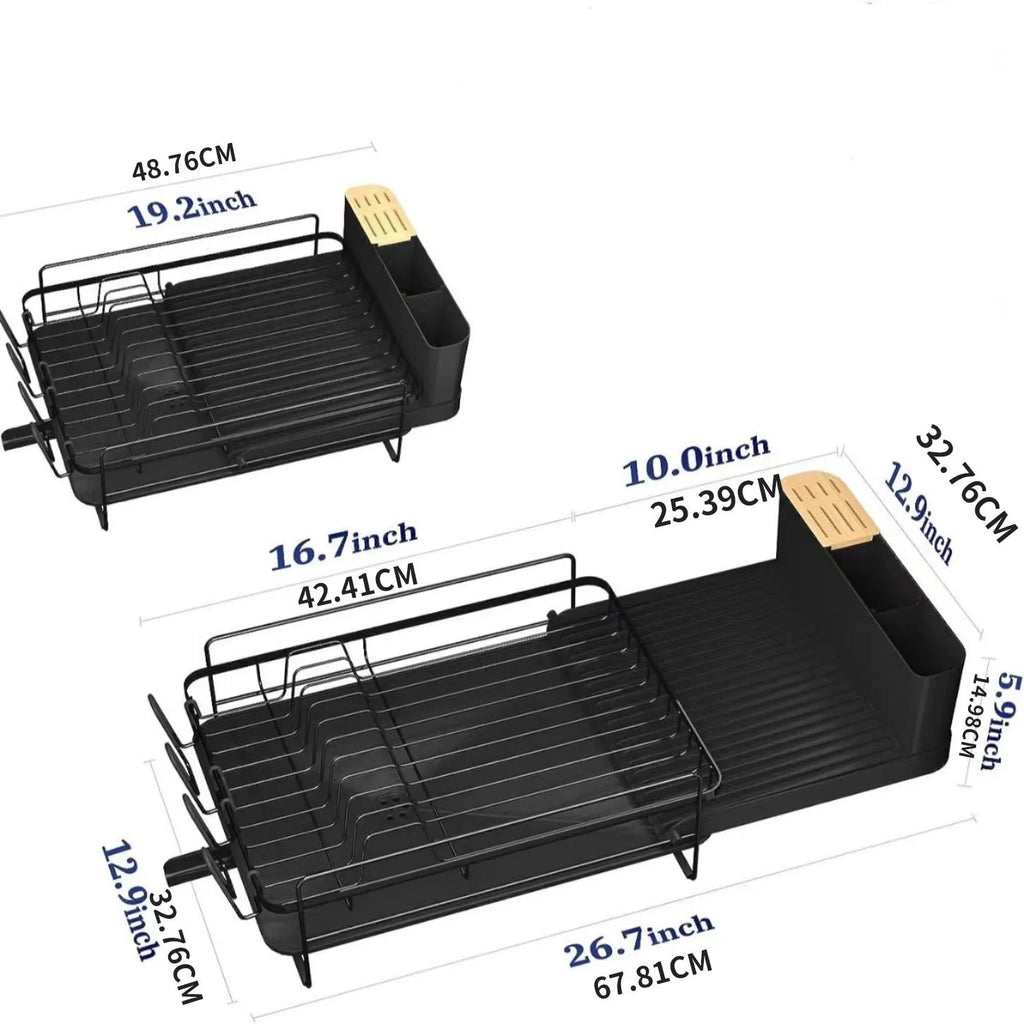 A retractable, foldable carbon steel kitchen drain rack holding cutlery and cups.