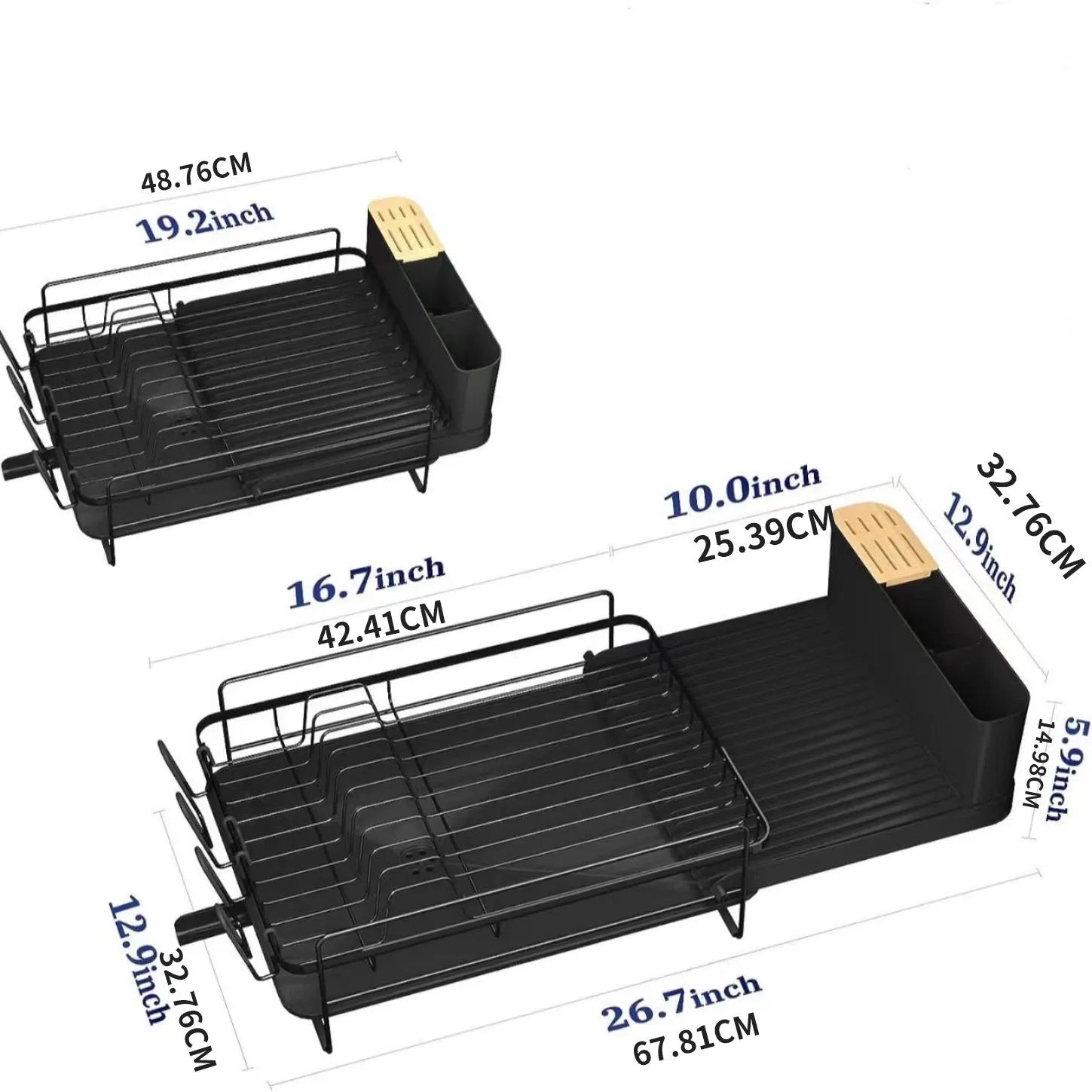 A retractable, foldable carbon steel kitchen drain rack holding cutlery and cups.