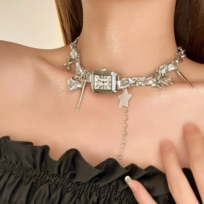 Dark style multi-layer cross necklace with twin clavicle chains and adjustable length