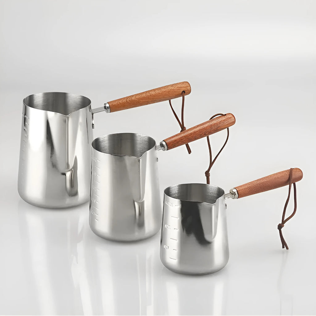Stainless steel coffee cup with wooden handle and garland pattern design