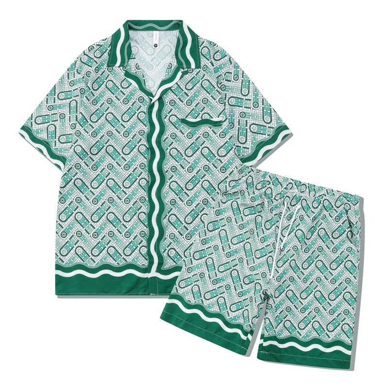 Men's plaid print beach outfit set with short sleeve shirt and pants on a hanger.