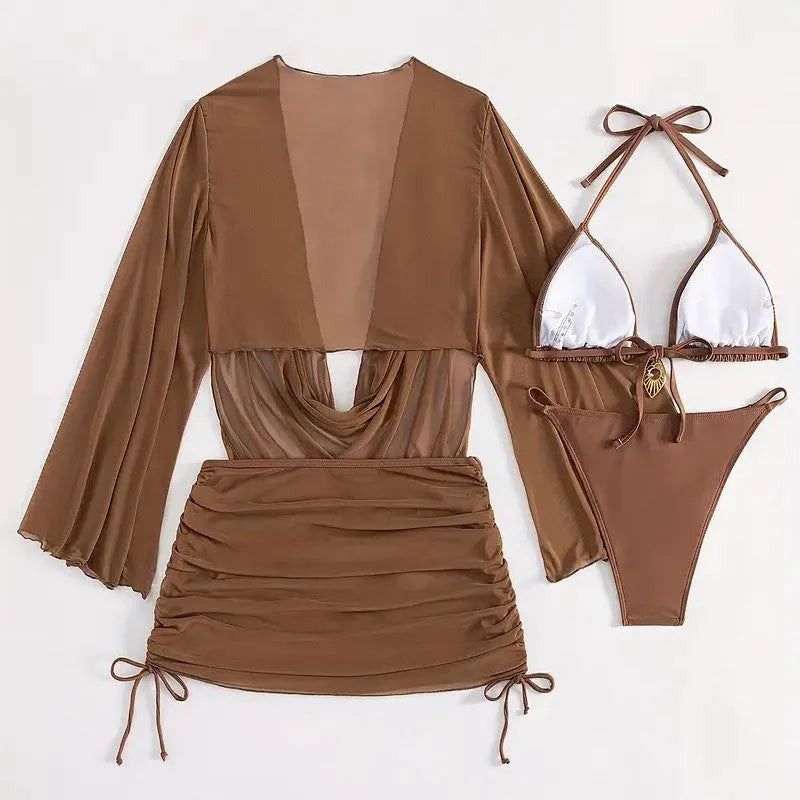 Dark brown women's lace-up bikini swimsuit set, backless and sleeveless design.