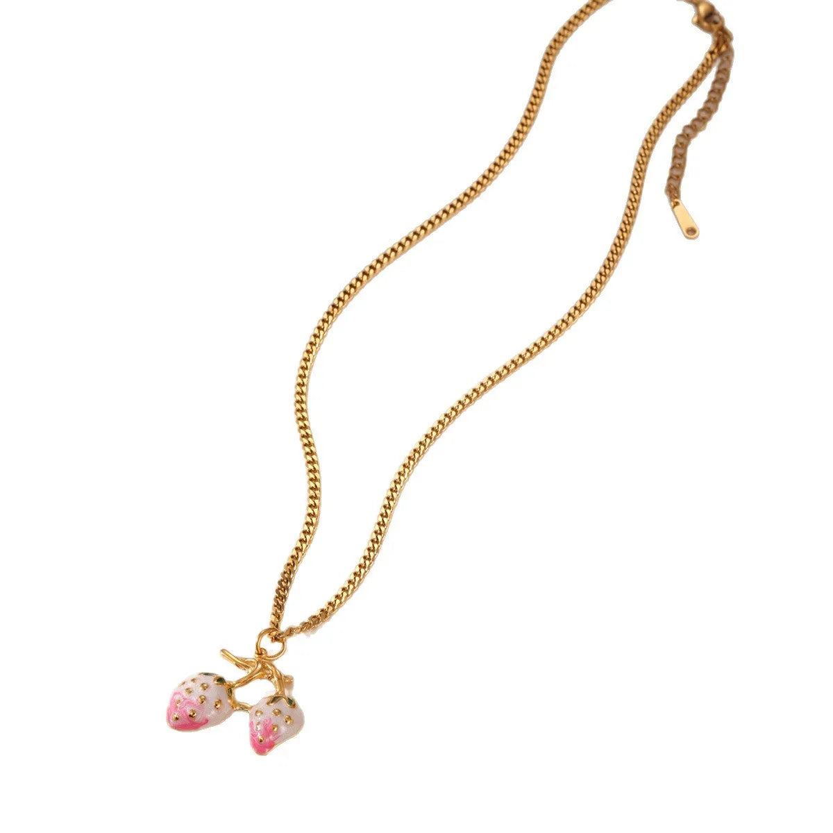 Red strawberry fruit pendant necklace on adjustable stainless steel chain