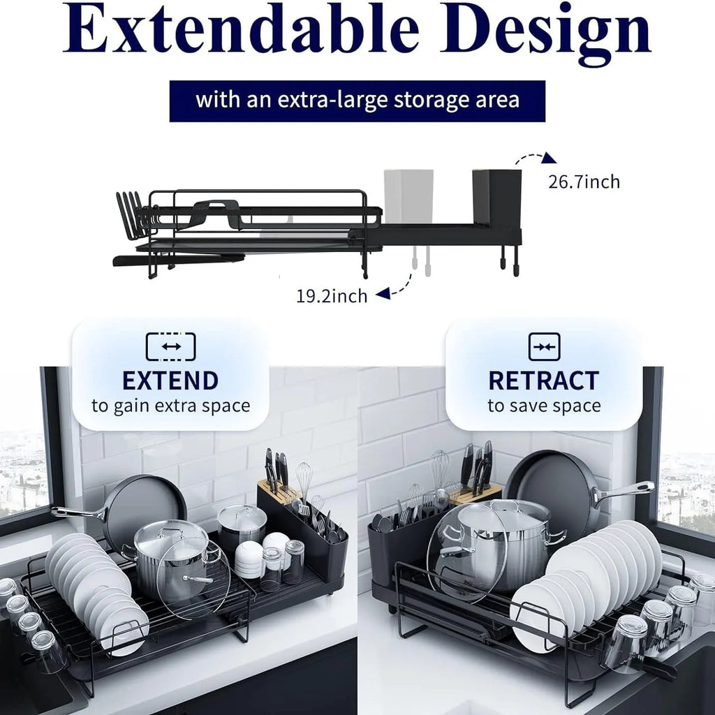 A retractable, foldable carbon steel kitchen drain rack holding cutlery and cups.