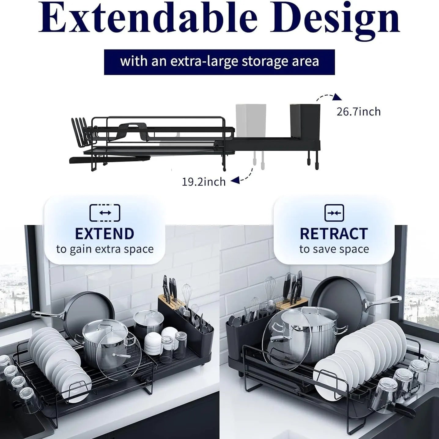 A retractable, foldable carbon steel kitchen drain rack holding cutlery and cups.