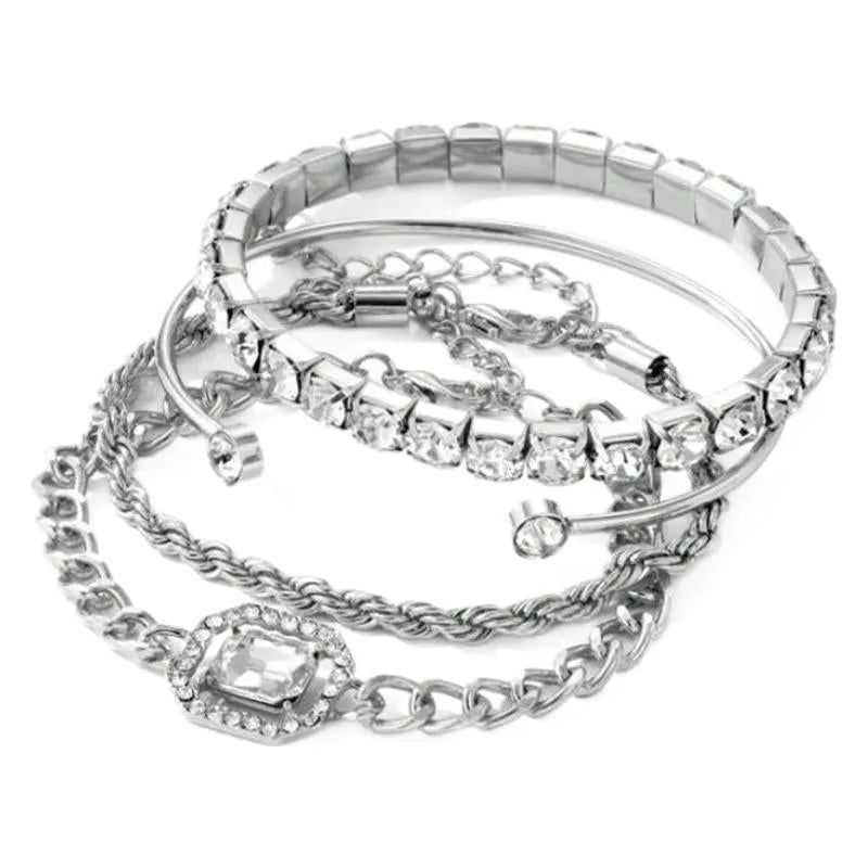 Retro geometric alloy jewellery set with square diamonds and chain links in gold or silver finish