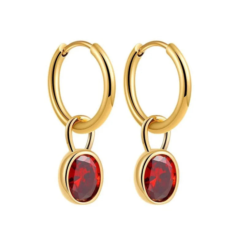 Women's retro-style oval zircon earrings in copper, shown in six colour options on a white background.