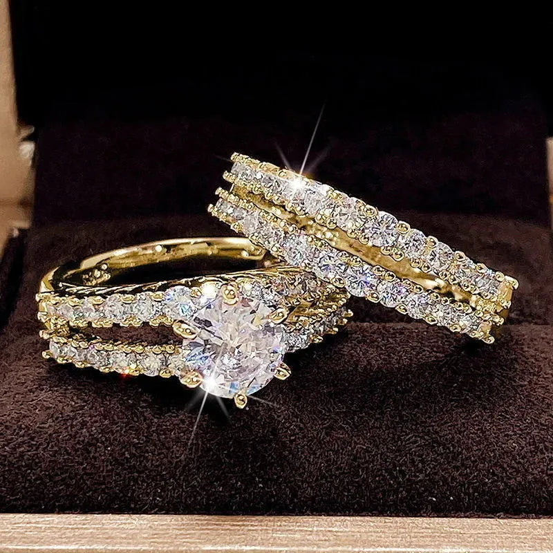 2 in 1 fully jewelled female ring set in geometric design with diamond treatment, shown in silver, gold, and rose gold colours