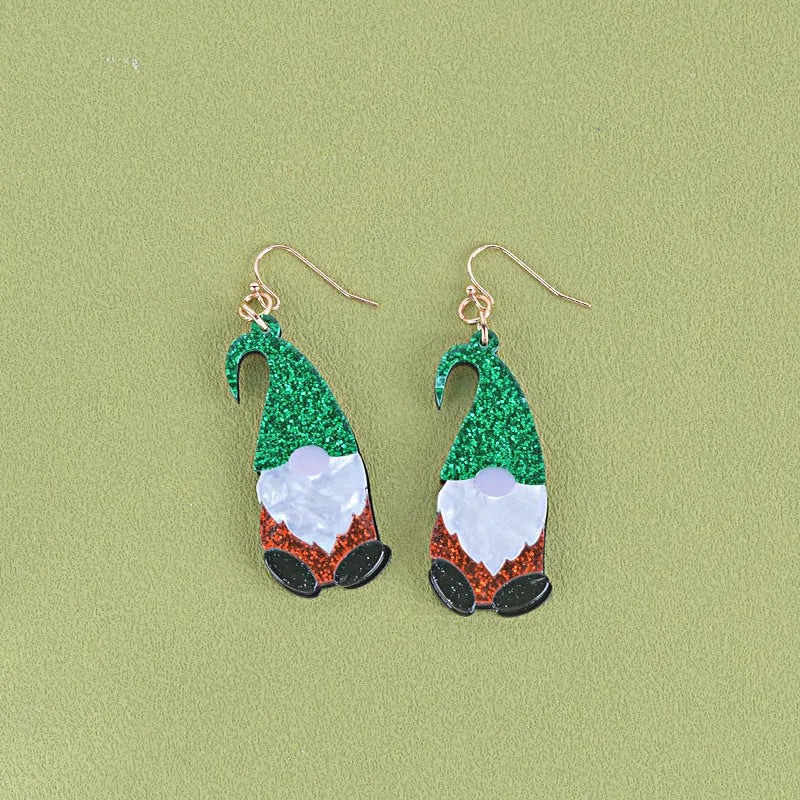 Santa Claus character acrylic earrings in green, red, and red-green hat colour variations