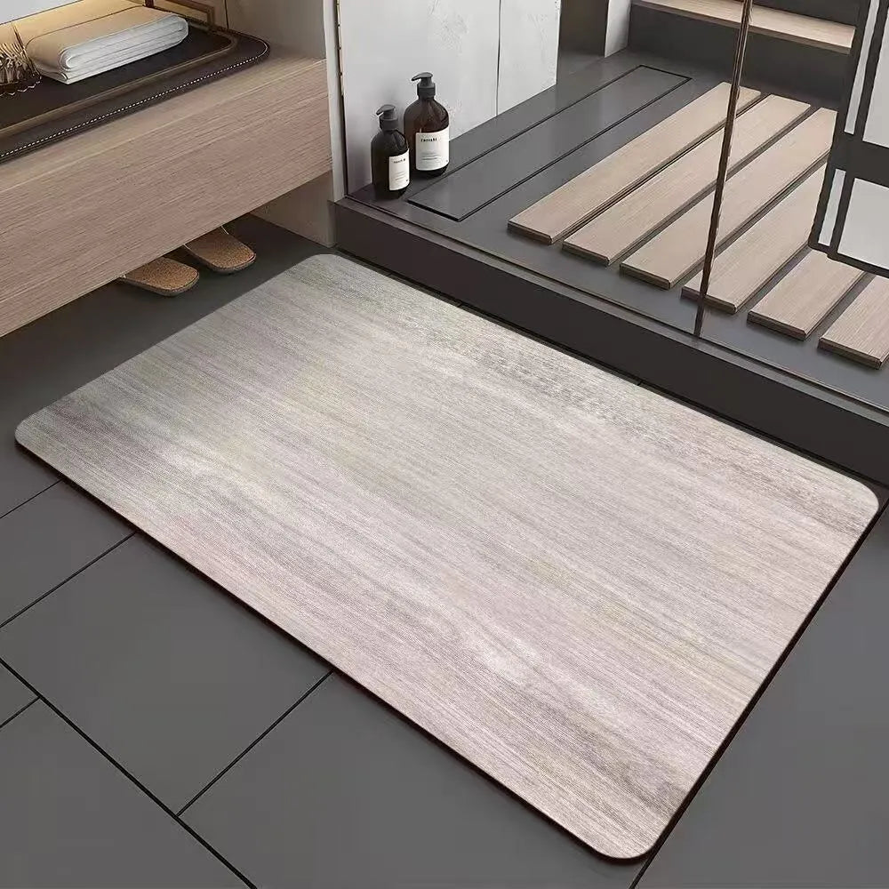 American style square diatom ooze floor mat with wood grain geometric pattern, shown in a bathroom setting.