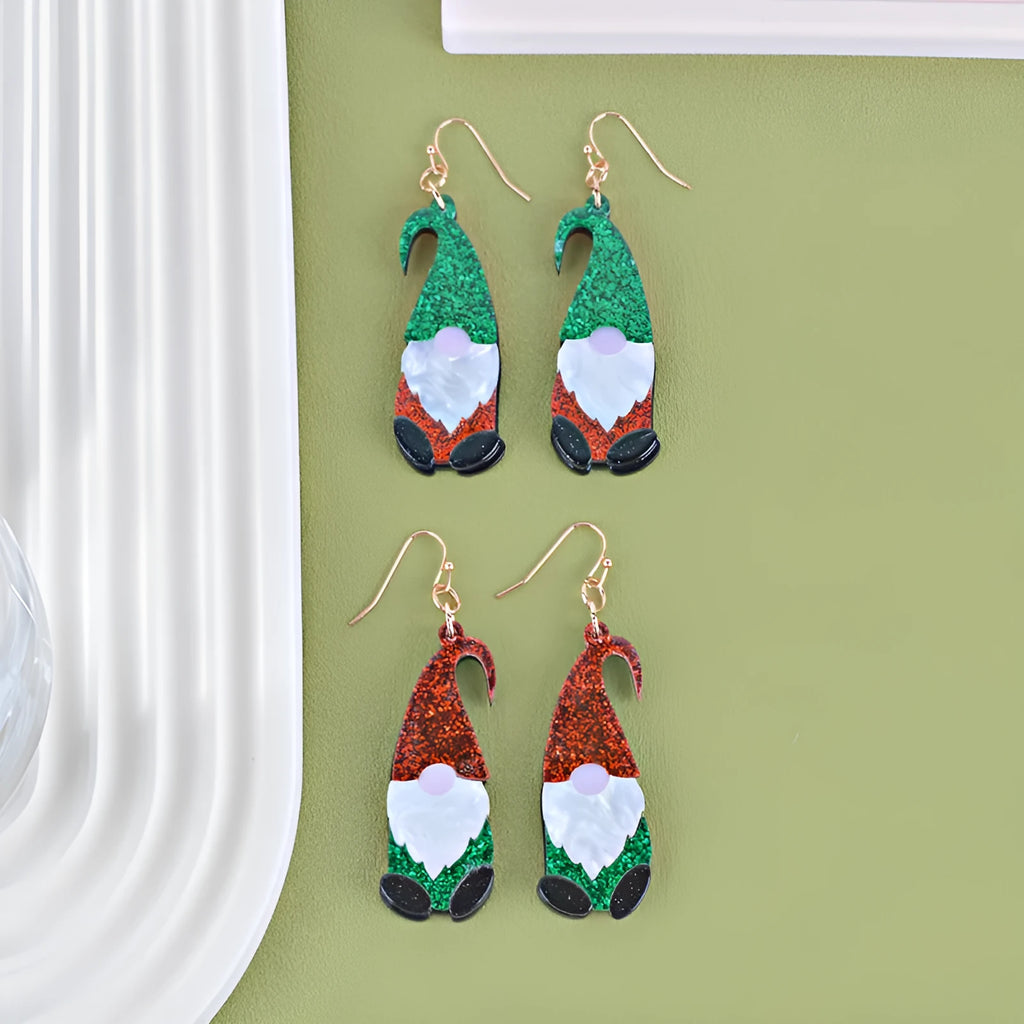 Santa Claus character acrylic earrings in green, red, and red-green hat colour variations