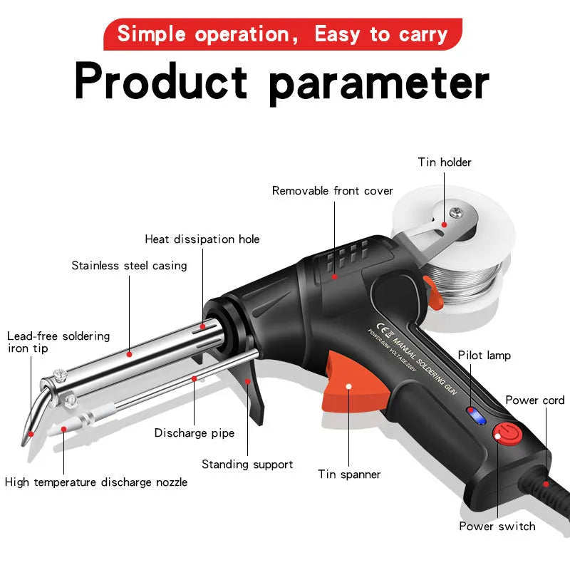 Black G102 alloy soldering gun with integrated light, part of a five-piece tool kit.