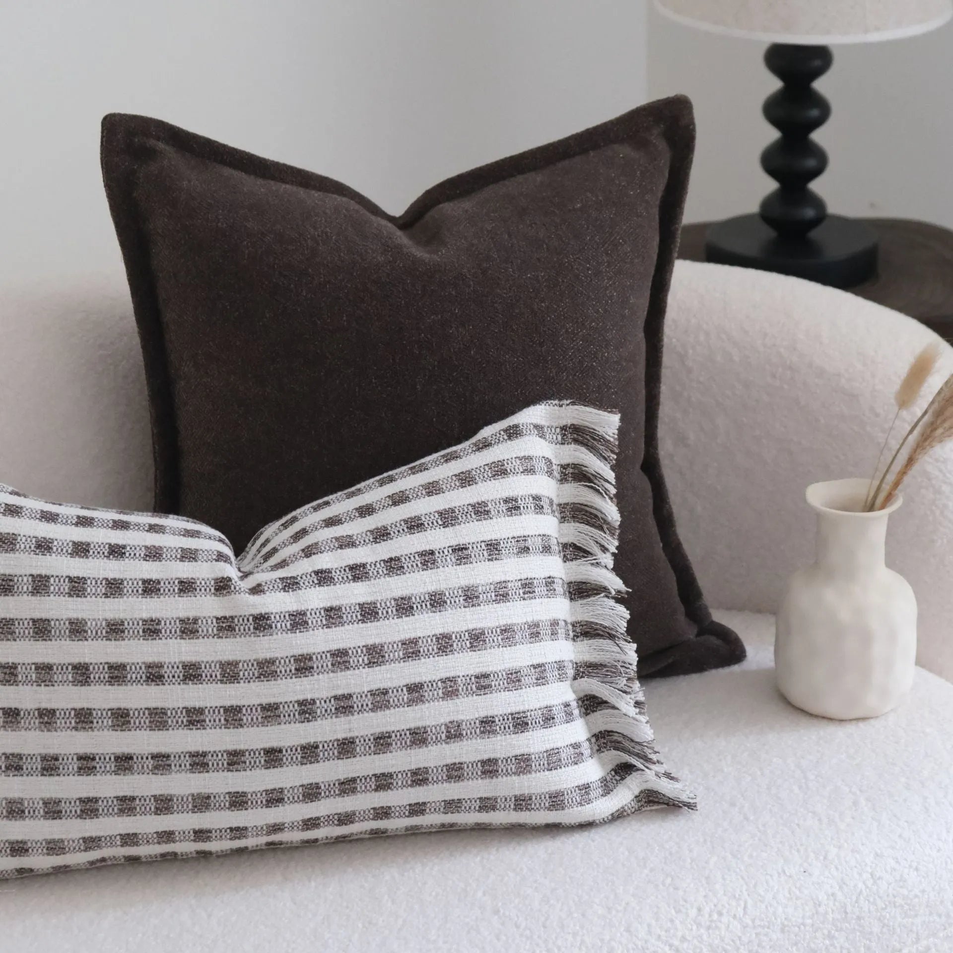 Coffee brown Chinese classical stripe pattern decorative cushion in 30x50cm and 45x45cm sizes.