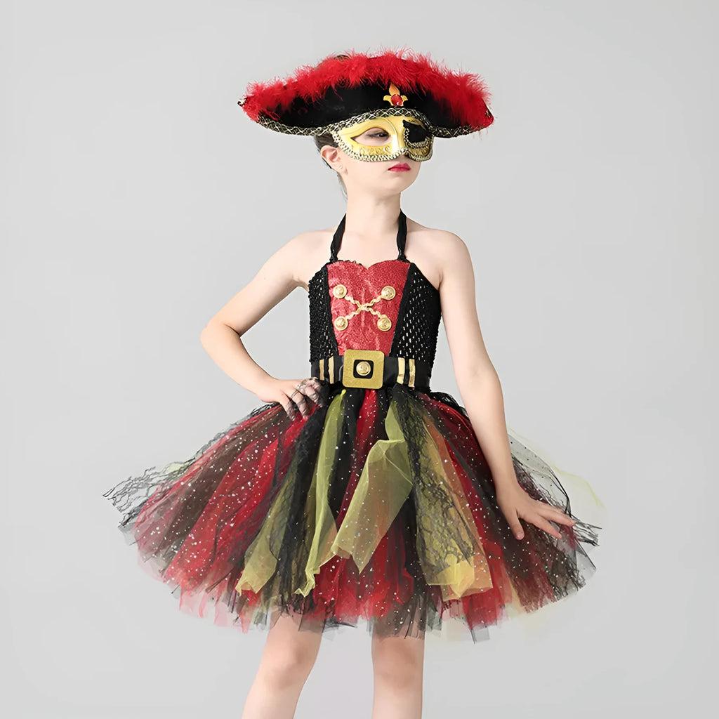 Girls pirate costume dress with sequins, mesh panels, and lace trim for Halloween