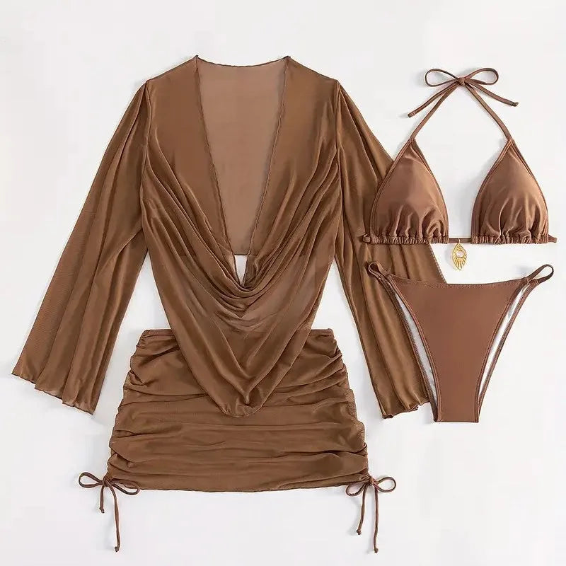 Dark brown women's lace-up bikini swimsuit set, backless and sleeveless design.